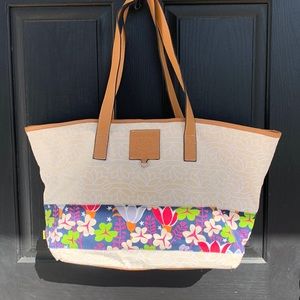 EUC Eco Friendly Lily Bloom Ivory & Rainbow Floral Tote Bag Purse